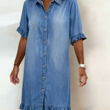Linea  | Vestido de denim confortável com drapeado lisonjeiro