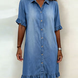 Linea  | Vestido de denim confortável com drapeado lisonjeiro