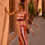 Isabel | Vestido longo com estampa e decote tomara que caia