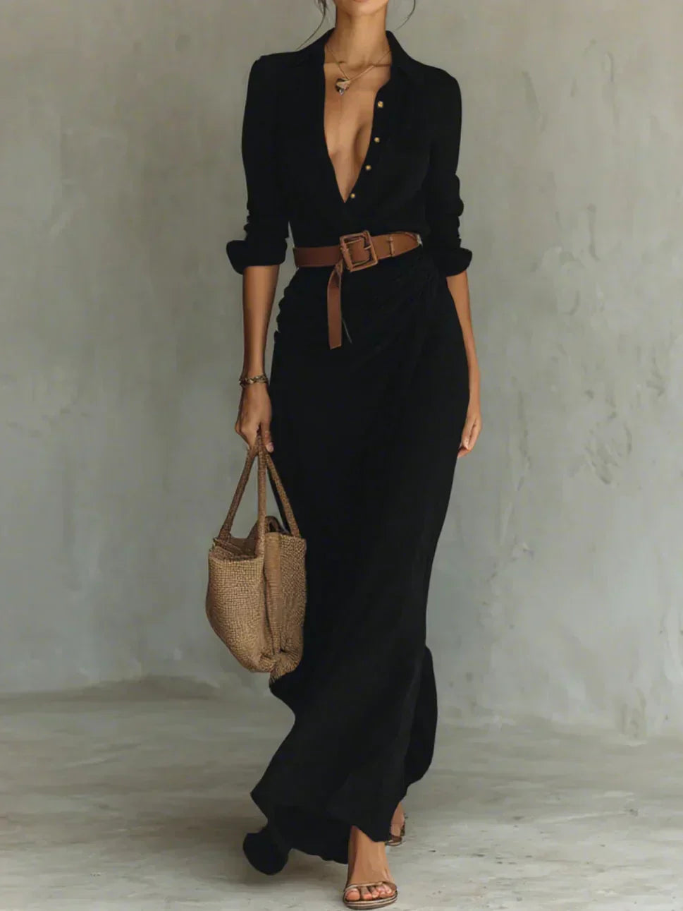 Camille | Maxi Vestido com Lapela e Cintura na Cintura