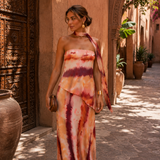 Isabel | Vestido longo com estampa e decote tomara que caia