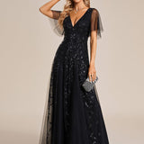 Manuela | Vestido de noite longo, romântico e cintilante com decote em V e tiras