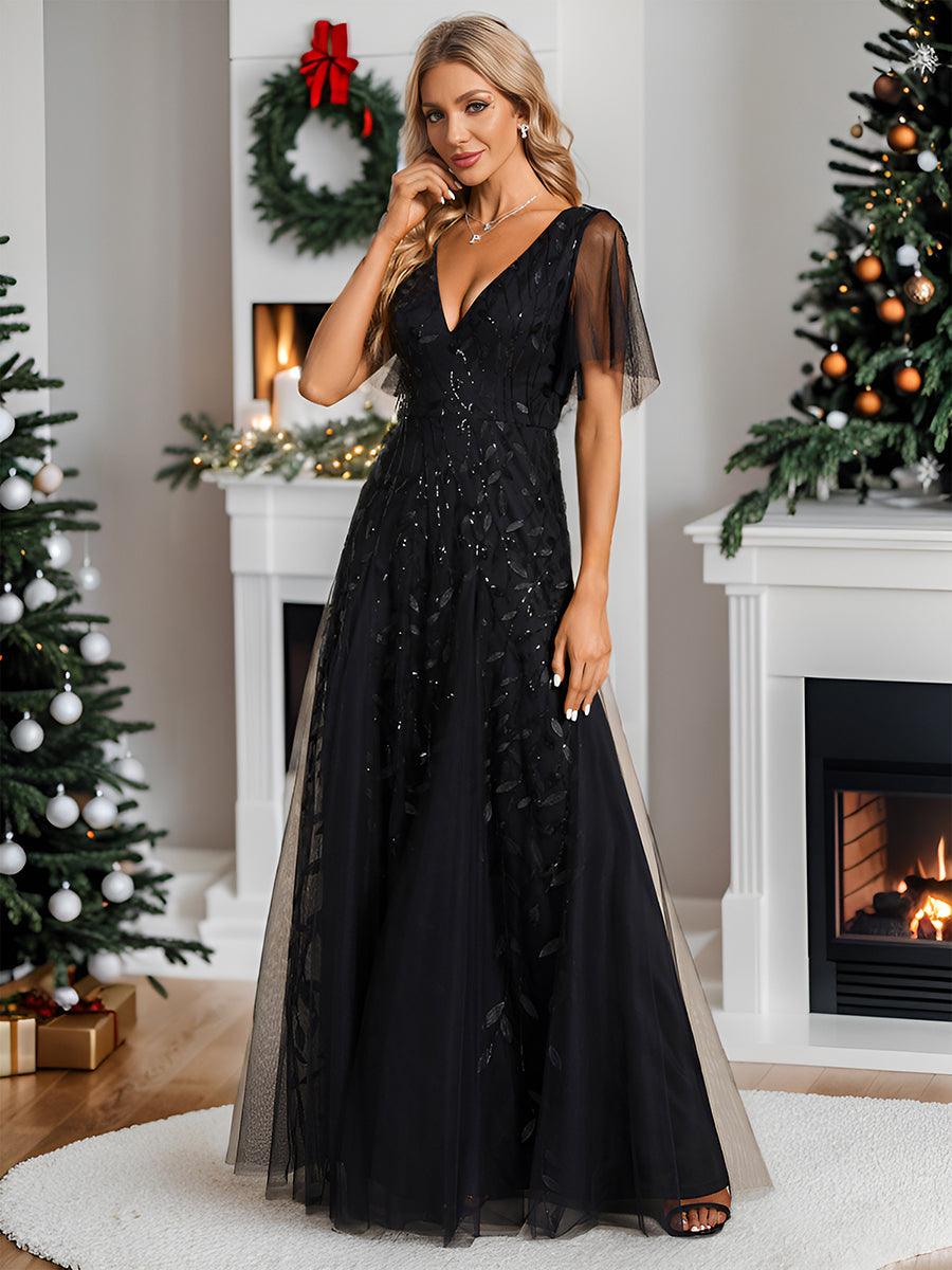 Manuela | Vestido de noite longo, romântico e cintilante com decote em V e tiras