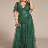 Manuela | Vestido de noite longo, romântico e cintilante com decote em V e tiras