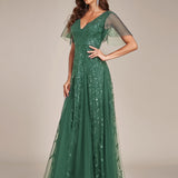 Manuela | Vestido de noite longo, romântico e cintilante com decote em V e tiras