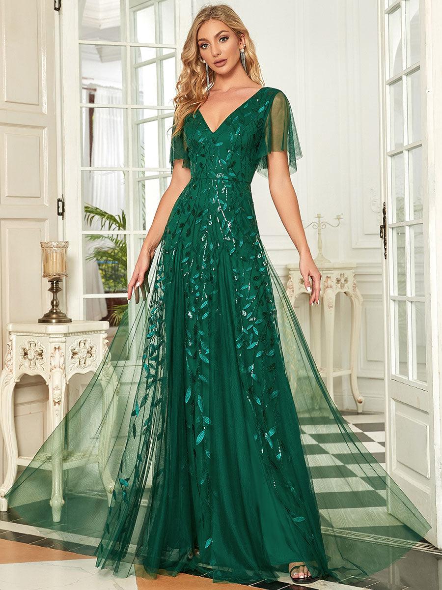 Manuela | Vestido de noite longo, romântico e cintilante com decote em V e tiras