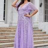 Manuela | Vestido de noite longo, romântico e cintilante com decote em V e tiras