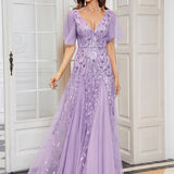 Manuela | Vestido de noite longo, romântico e cintilante com decote em V e tiras