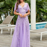Manuela | Vestido de noite longo, romântico e cintilante com decote em V e tiras