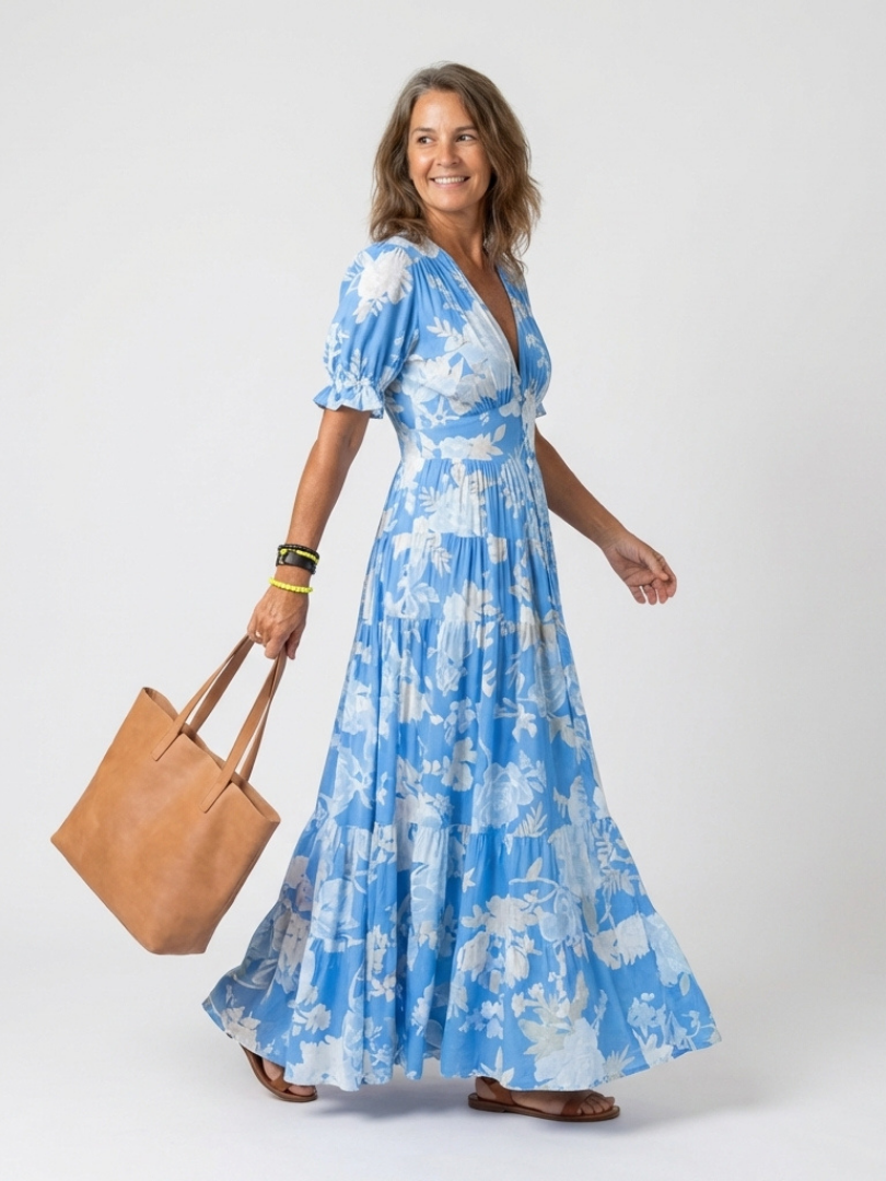 Janete | Vestido Midi Floral Sem Mangas com Decote em V