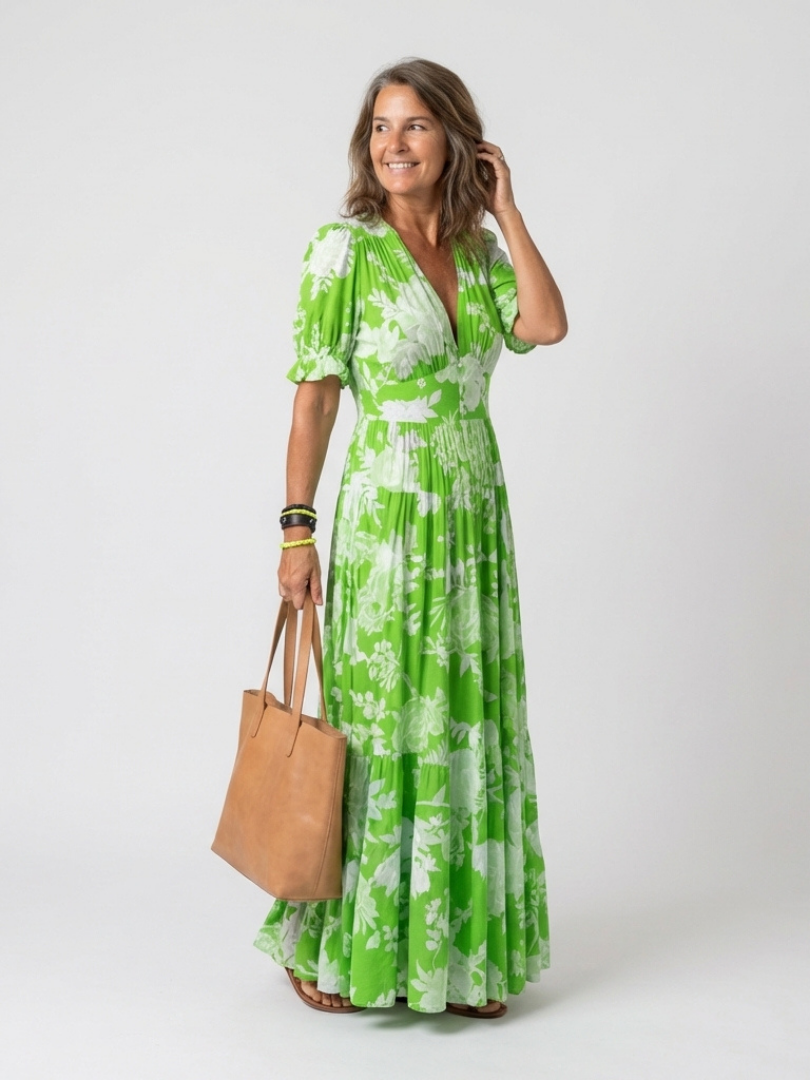 Janete | Vestido Midi Floral Sem Mangas com Decote em V