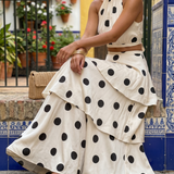 Olivia | Conjunto de blusa e saia longa com estampa de bolinhas