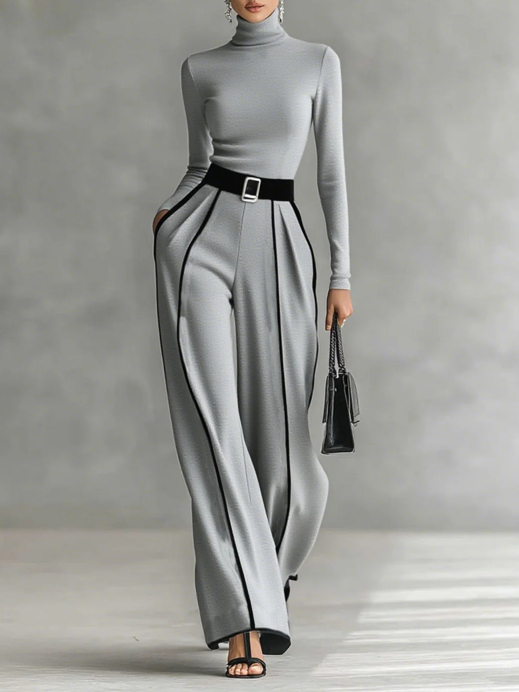 Céline - Conjunto Chic com Gola Alta & Calças Largas