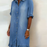 Linea  | Vestido de denim confortável com drapeado lisonjeiro
