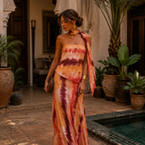 Isabel | Vestido longo com estampa e decote tomara que caia
