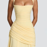Valentina | Vestido maxi com decote em coração e franzido assimétrico